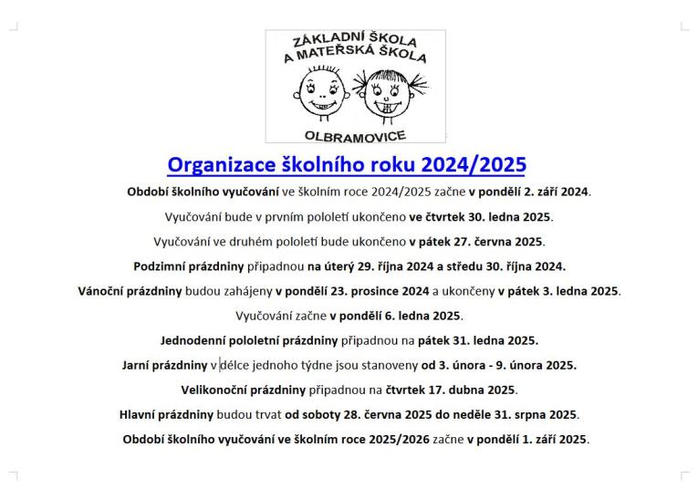 Organizace školního roku 2024-2025