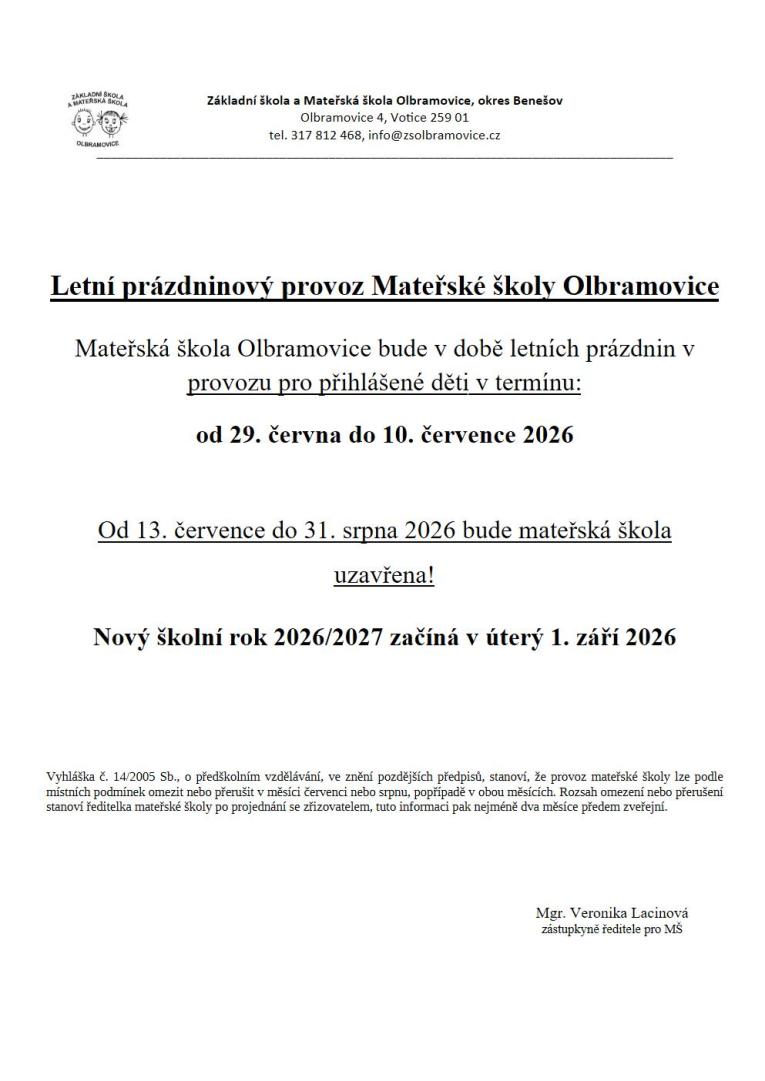 Prazdninový provoz 2026 Prazdninový provoz 2026