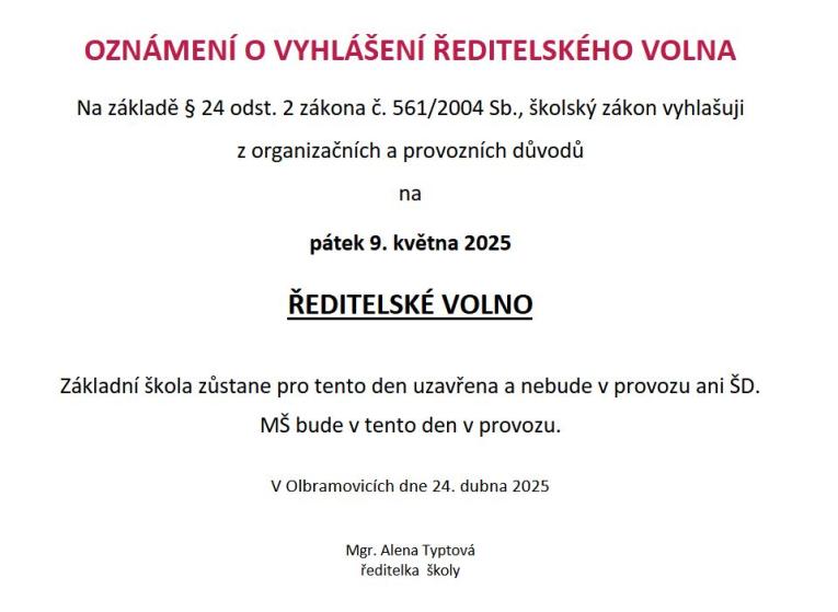 Ředitelské volno 9.5.2025